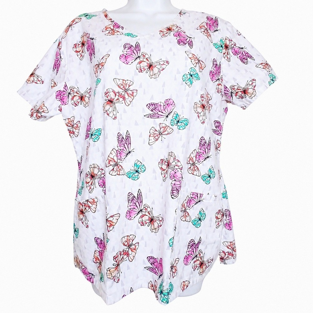 Scrubstar Women M Butterfly Cotton V Neck Scrub Top Nurse Fairycore Cottagecore
